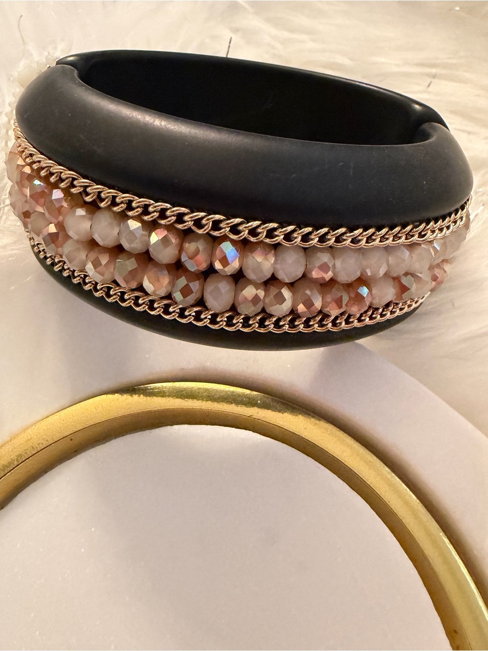 Vera Wang Black Resin Bracelet with Gold Chains & Blush Beads